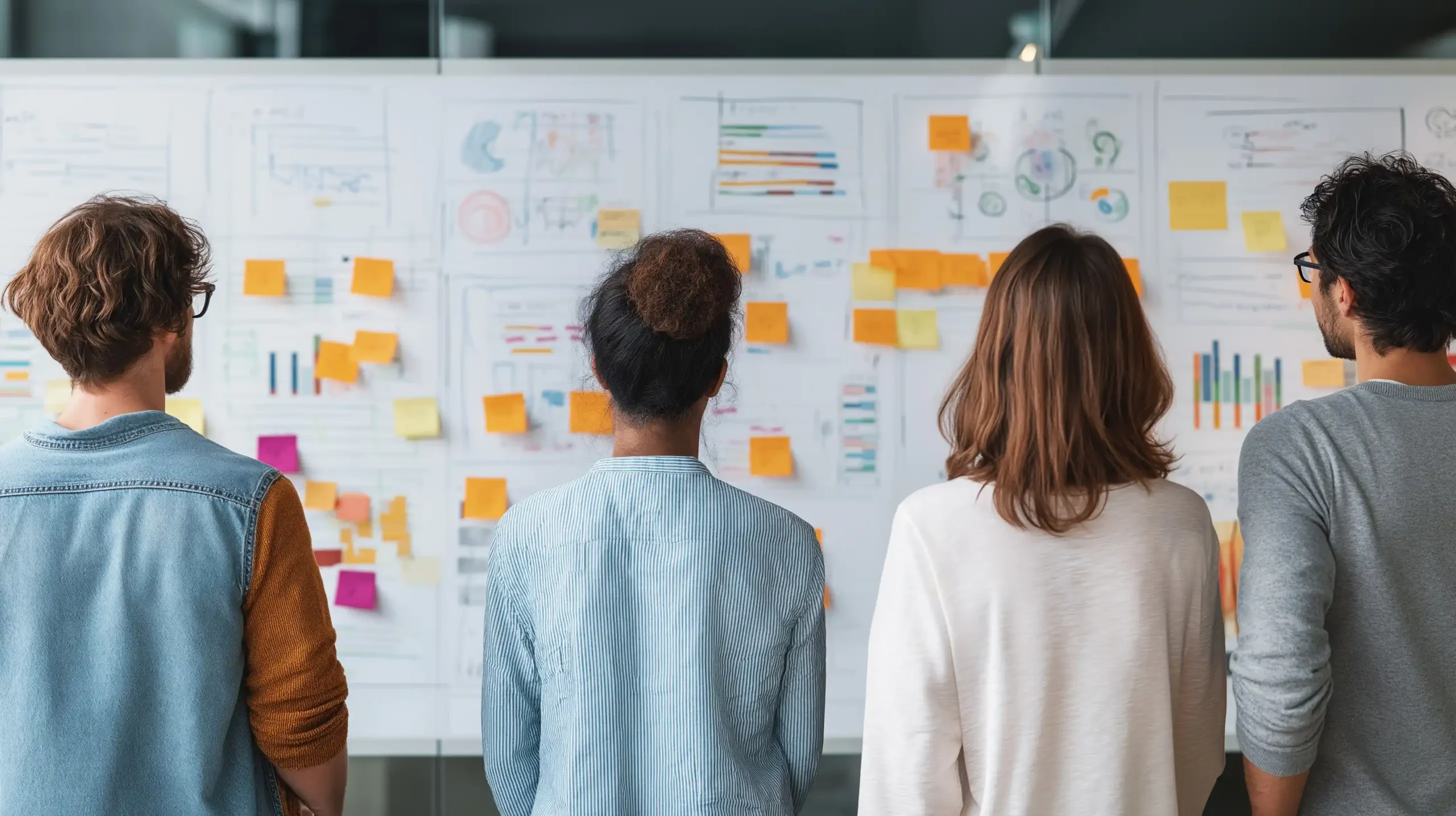 Séance de brainstorming en équipe avec un tableau blanc rempli de graphiques et de post-it, bureau moderne et propre